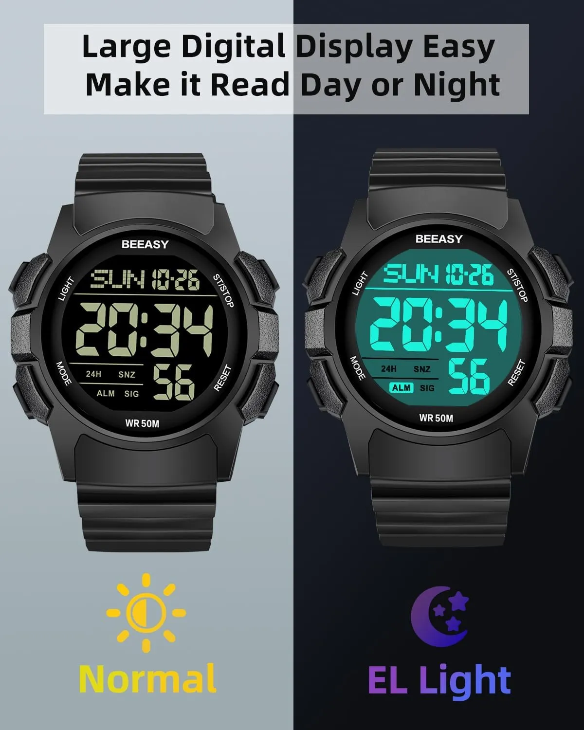 Beeasy Men Digital Sports Watch,Waterproof Watch with Stopwatch Countdown Timer Alarm Function Dual Time Rubber Strap Wrist Watch for Men/Student