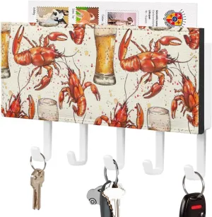 Beer and Crawfish Novelty Key Holder Funny Keys Hook Mail Organizer Hanging Rack Decor with 5 Hooks for Wall