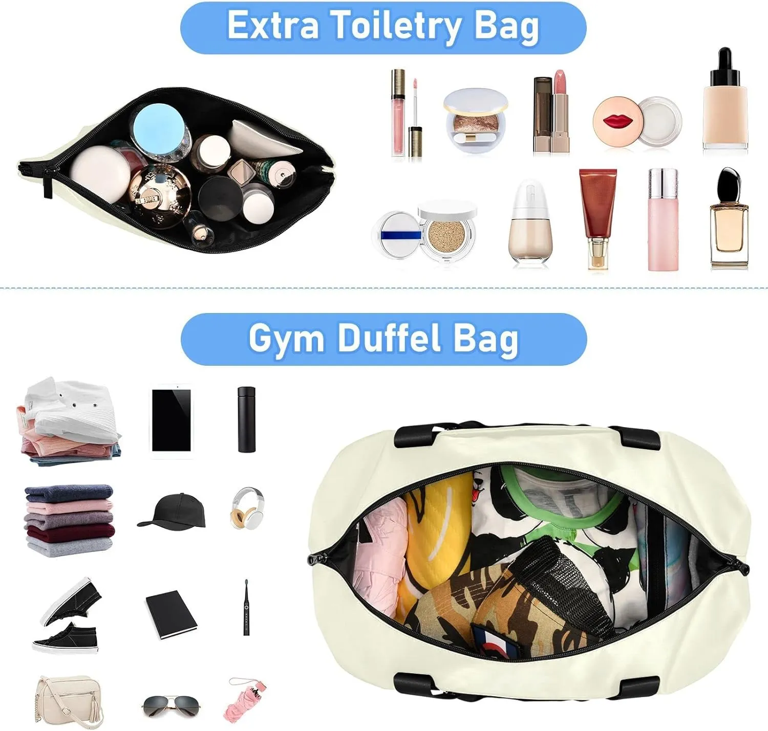 Beige Gym Bag for Women and Men Travel Duffel Sports Duffel Luggage Bags with Wet Pocket Waterproof 20806