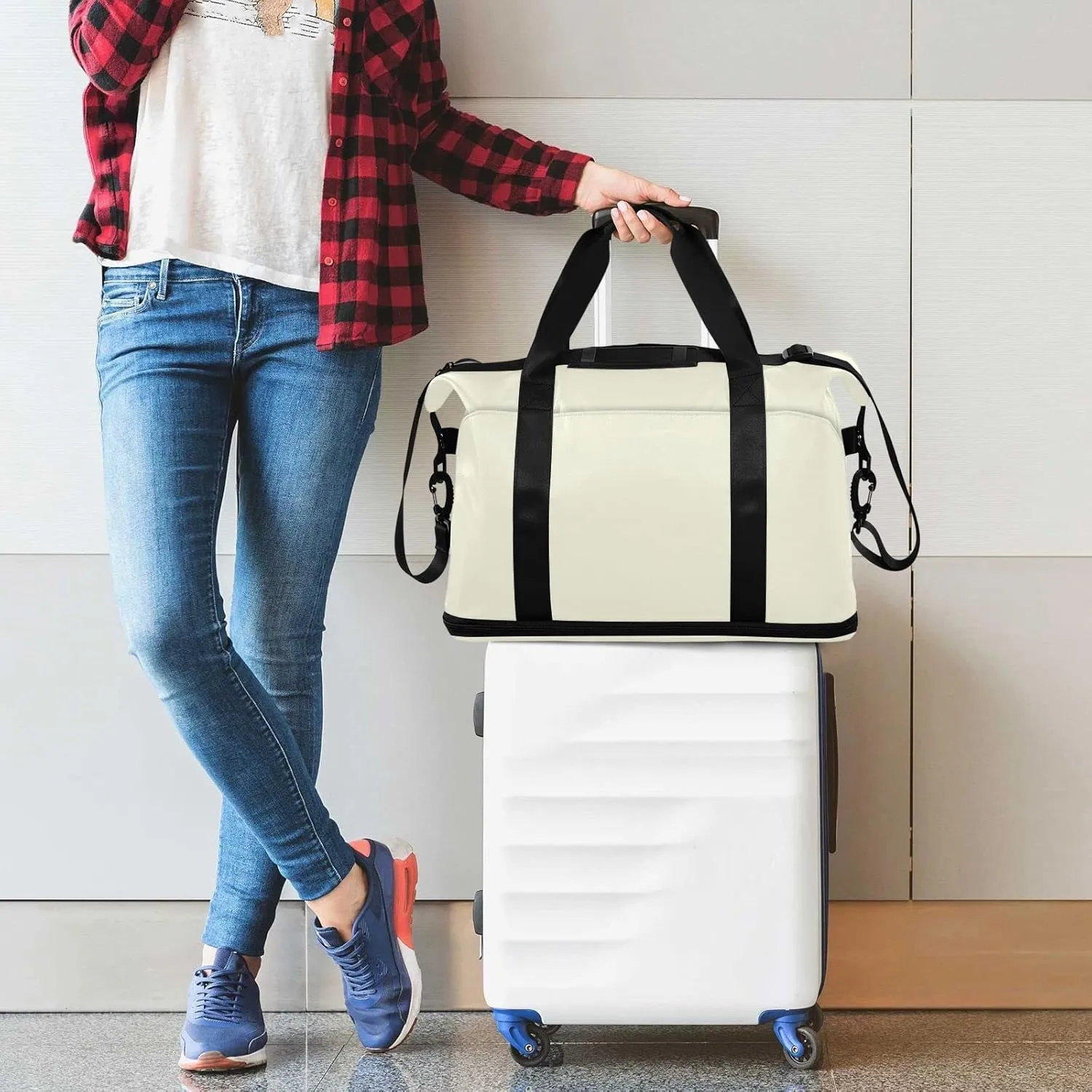 Beige Gym Bag for Women and Men Travel Duffel Sports Duffel Luggage Bags with Wet Pocket Waterproof 20806