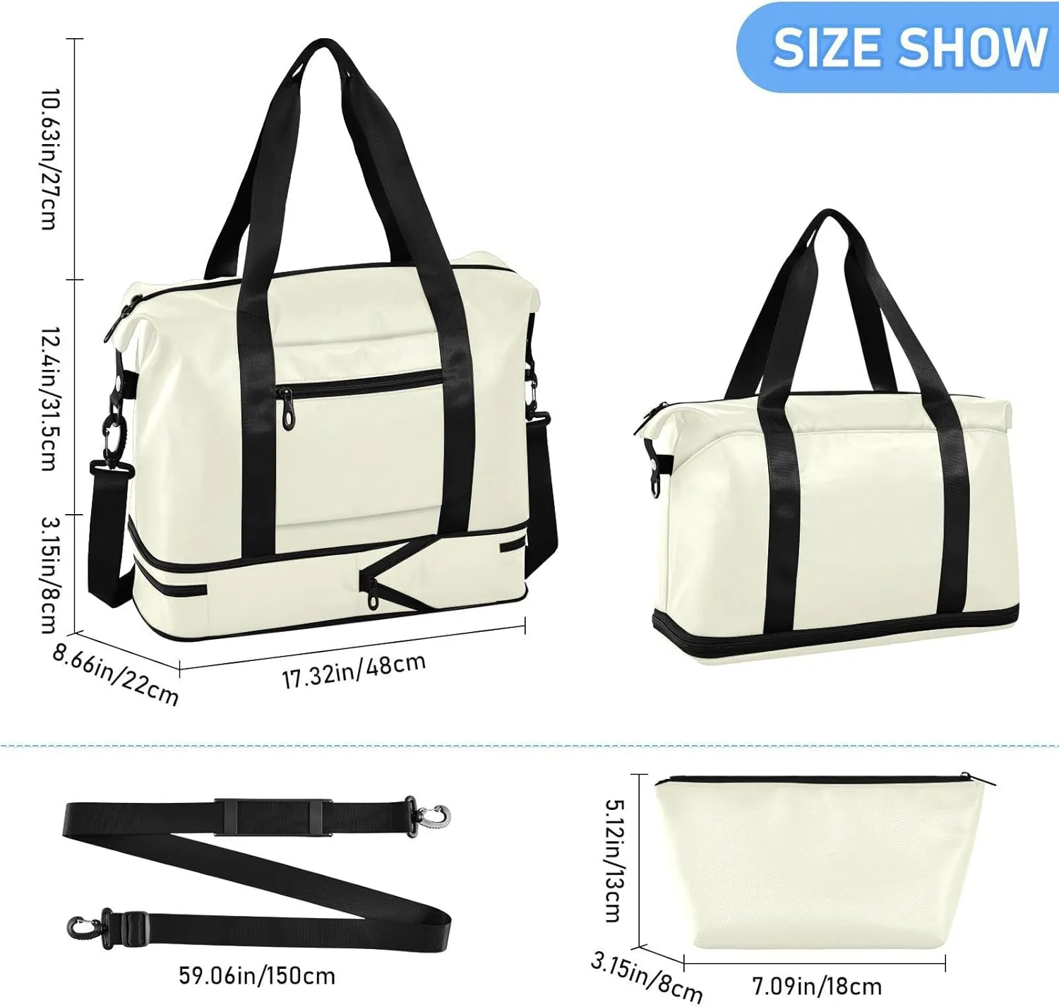 Beige Gym Bag for Women and Men Travel Duffel Sports Duffel Luggage Bags with Wet Pocket Waterproof 20806