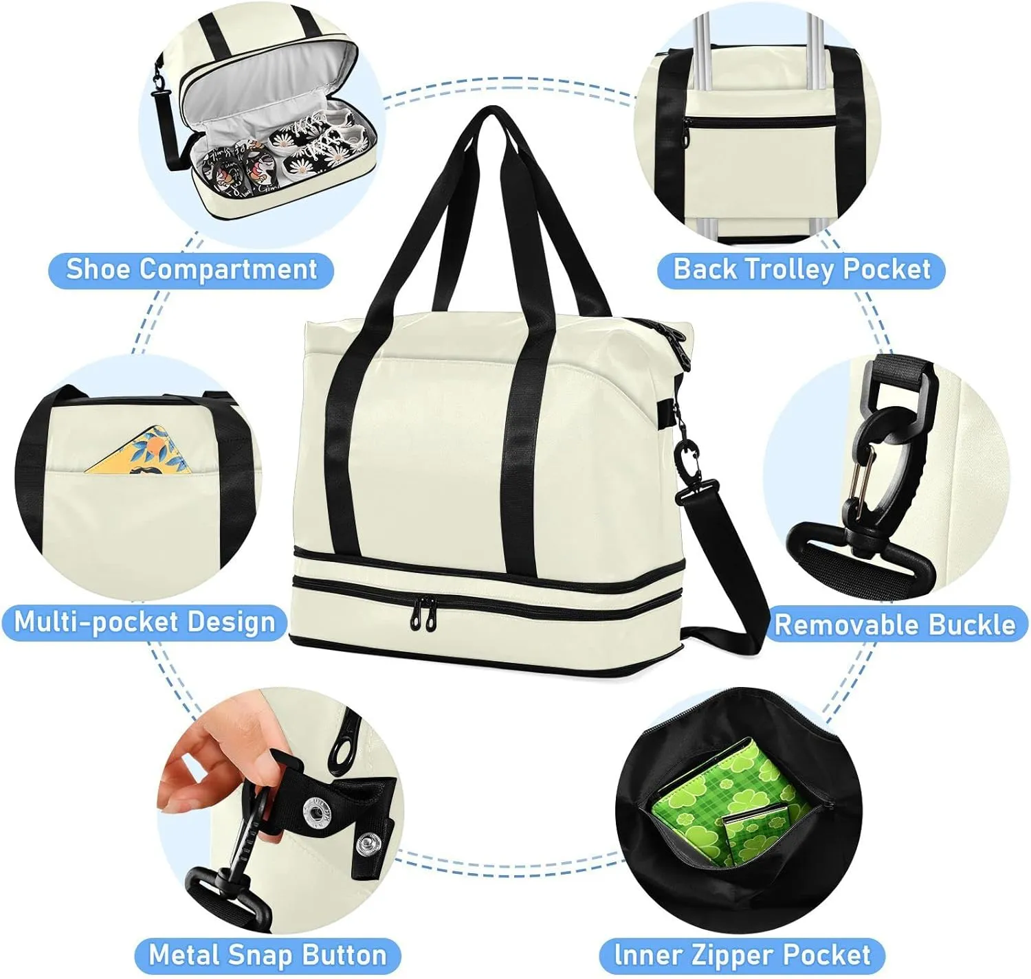 Beige Gym Bag for Women and Men Travel Duffel Sports Duffel Luggage Bags with Wet Pocket Waterproof 20806