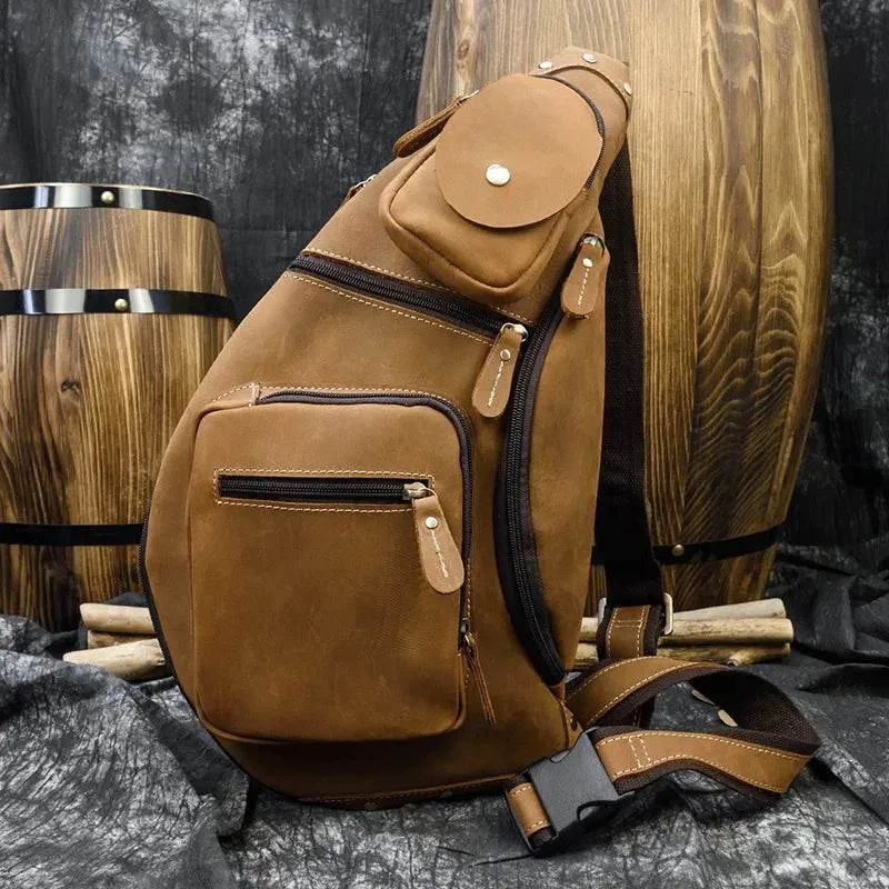 Big Chest Bag Men Crazy Horse Leather Sling Crossbody Sport Bag