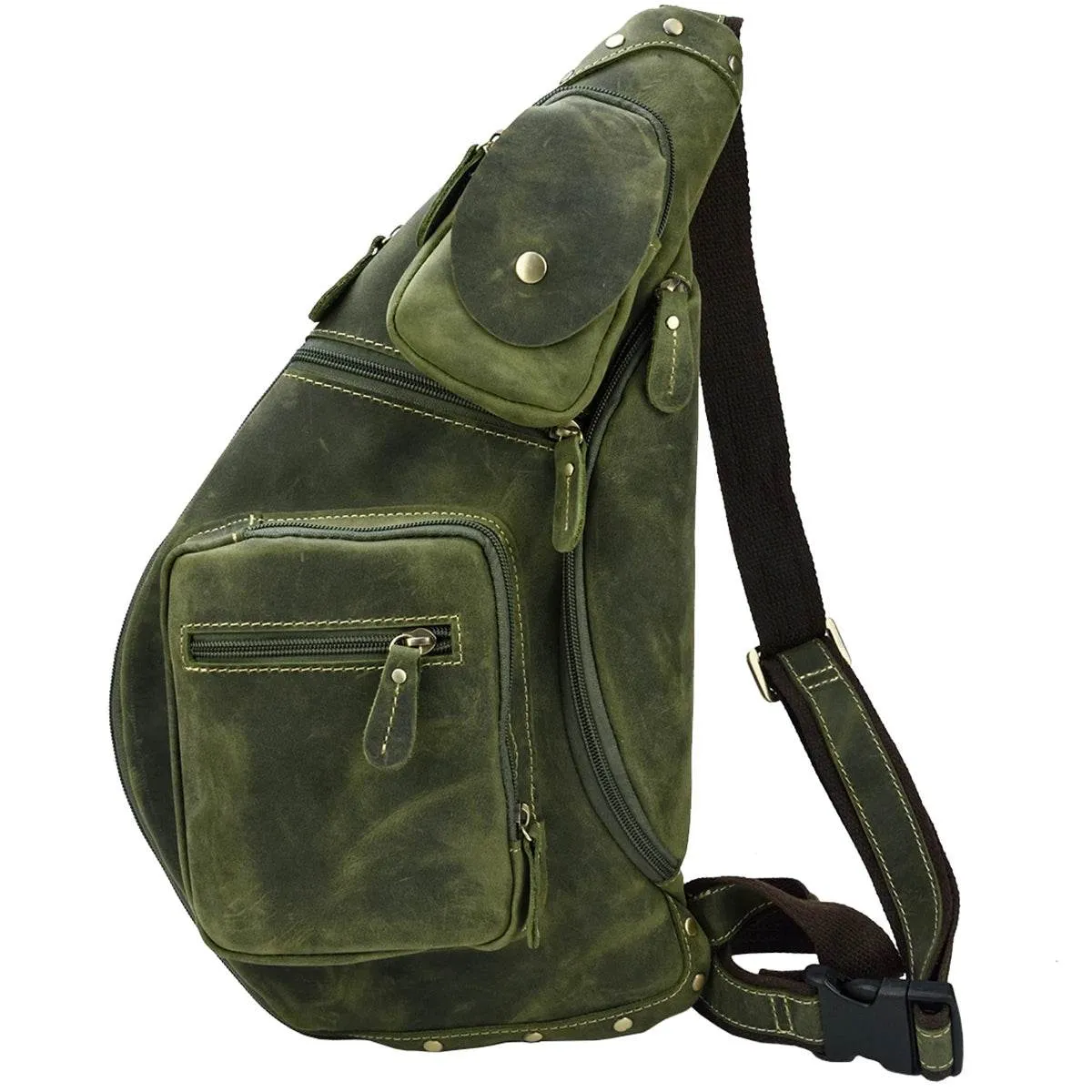 Big Chest Bag Men Crazy Horse Leather Sling Crossbody Sport Bag
