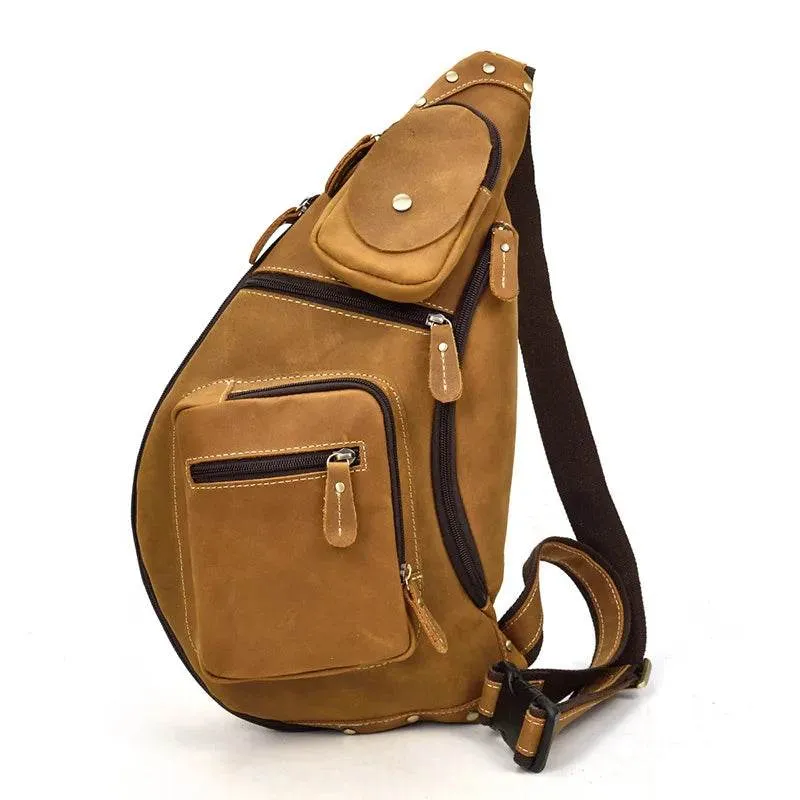 Big Chest Bag Men Crazy Horse Leather Sling Crossbody Sport Bag