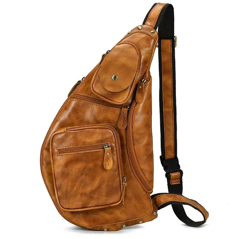 Big Chest Bag Men Crazy Horse Leather Sling Crossbody Sport Bag