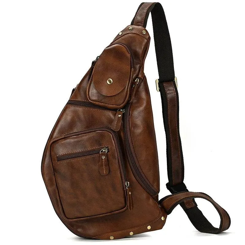 Big Chest Bag Men Crazy Horse Leather Sling Crossbody Sport Bag