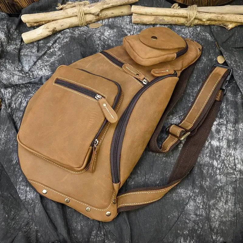 Big Chest Bag Men Crazy Horse Leather Sling Crossbody Sport Bag