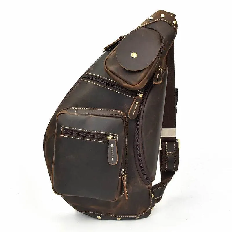 Big Chest Bag Men Crazy Horse Leather Sling Crossbody Sport Bag