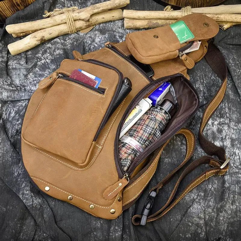 Big Chest Bag Men Crazy Horse Leather Sling Crossbody Sport Bag