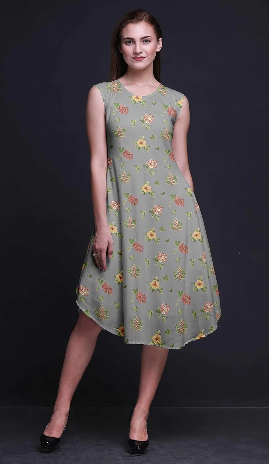 Bimba Women's Printed Casual Rayon Sleeveless Shift Summer Swing Holiday Knee Length Midi Dress
