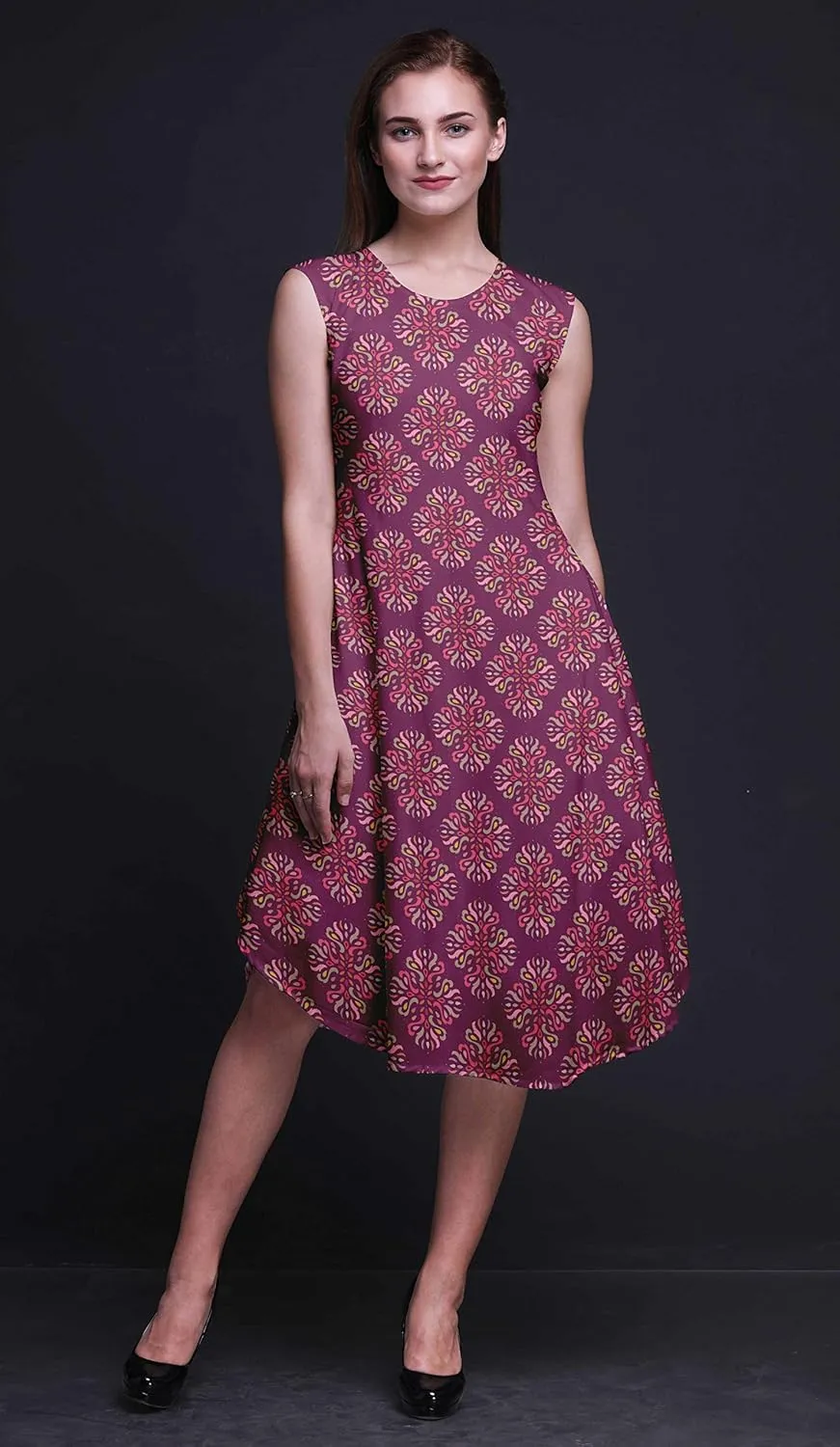 Bimba Women's Printed Casual Rayon Sleeveless Shift Summer Swing Holiday Knee Length Midi Dress