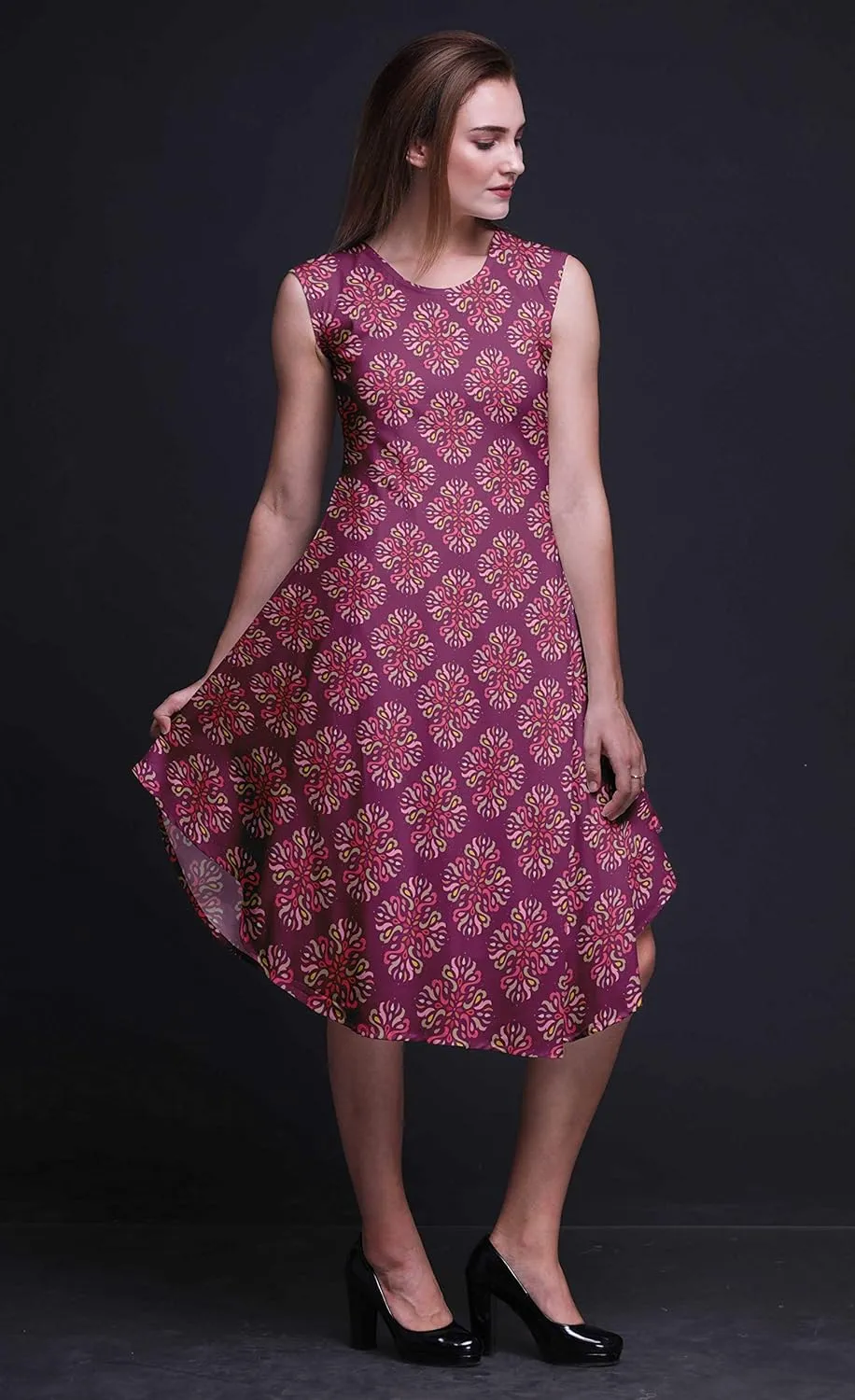 Bimba Women's Printed Casual Rayon Sleeveless Shift Summer Swing Holiday Knee Length Midi Dress