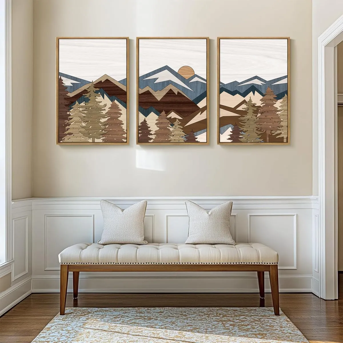 BINCUE Large Boho Mountain Canvas Framed Wall Art Set of 3 Forest Mountain Sun Wall Decor Boho Artwork for Living Room Bedroom Office 24x36 Inch Gift