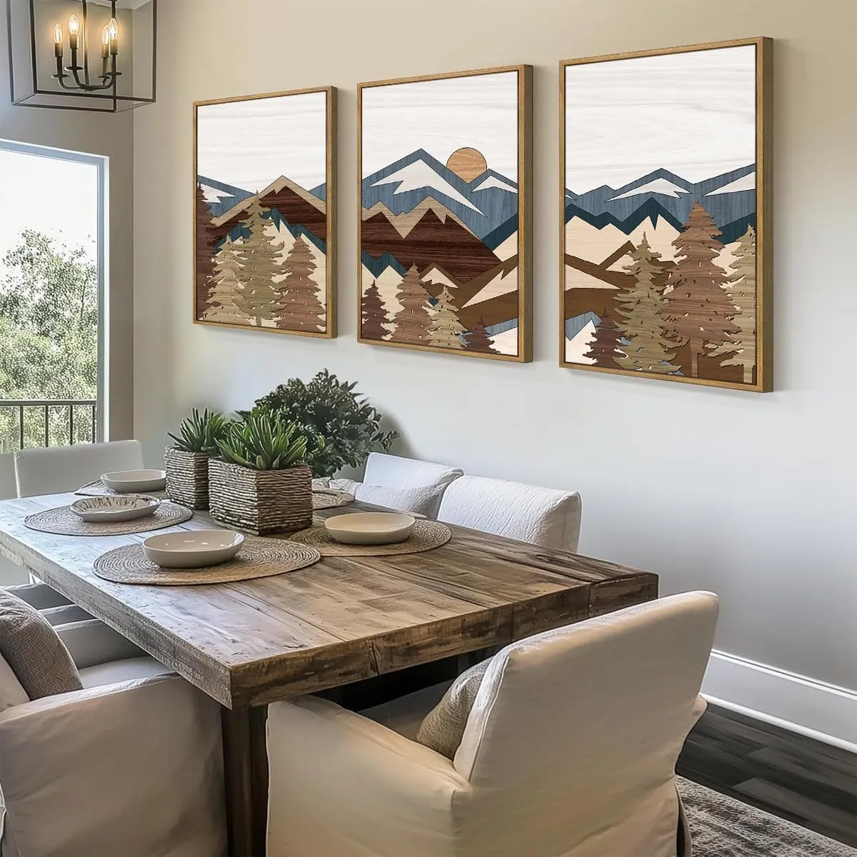 BINCUE Large Boho Mountain Canvas Framed Wall Art Set of 3 Forest Mountain Sun Wall Decor Boho Artwork for Living Room Bedroom Office 24x36 Inch Gift