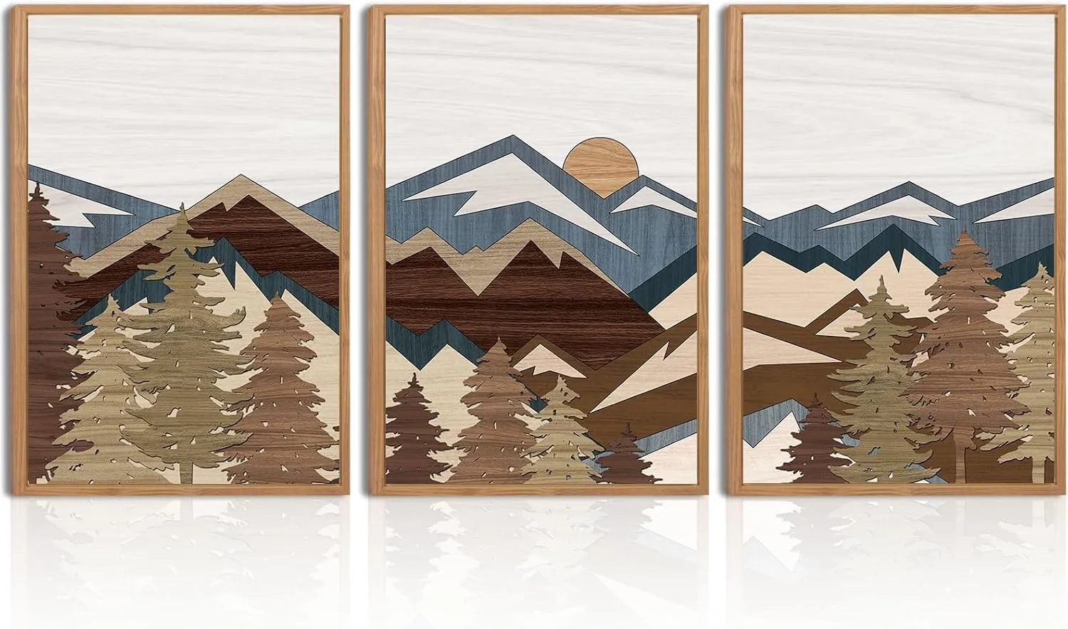 BINCUE Large Boho Mountain Canvas Framed Wall Art Set of 3 Forest Mountain Sun Wall Decor Boho Artwork for Living Room Bedroom Office 24x36 Inch Gift