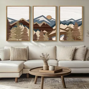 BINCUE Large Boho Mountain Canvas Framed Wall Art Set of 3 Forest Mountain Sun Wall Decor Boho Artwork for Living Room Bedroom Office 24x36 Inch Gift
