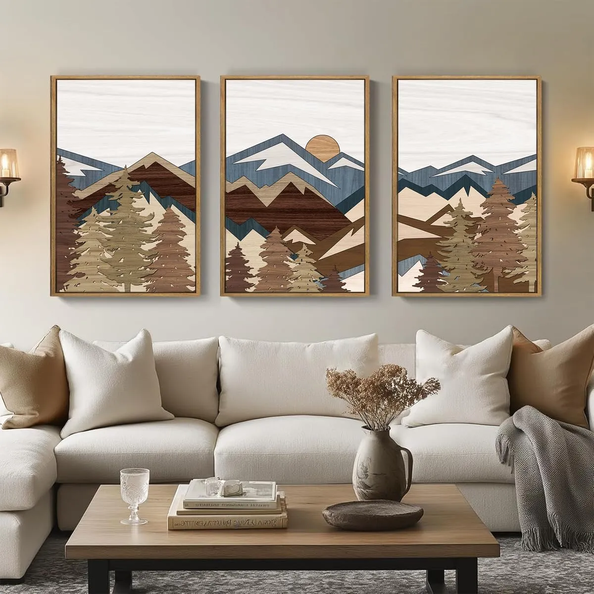 BINCUE Large Boho Mountain Canvas Framed Wall Art Set of 3 Forest Mountain Sun Wall Decor Boho Artwork for Living Room Bedroom Office 24x36 Inch Gift
