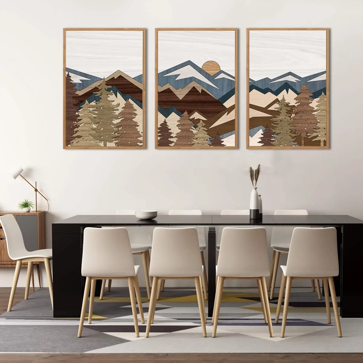 BINCUE Large Boho Mountain Canvas Framed Wall Art Set of 3 Forest Mountain Sun Wall Decor Boho Artwork for Living Room Bedroom Office 24x36 Inch Gift