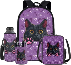 Black Cat 8-12 Girls Travel Backpack Bookbag and Lunch Box Set with Water Bottle Bag Daypack 4 pcs School Bag for Elementary Teens Designed To Be Lightweight and Comfortable
