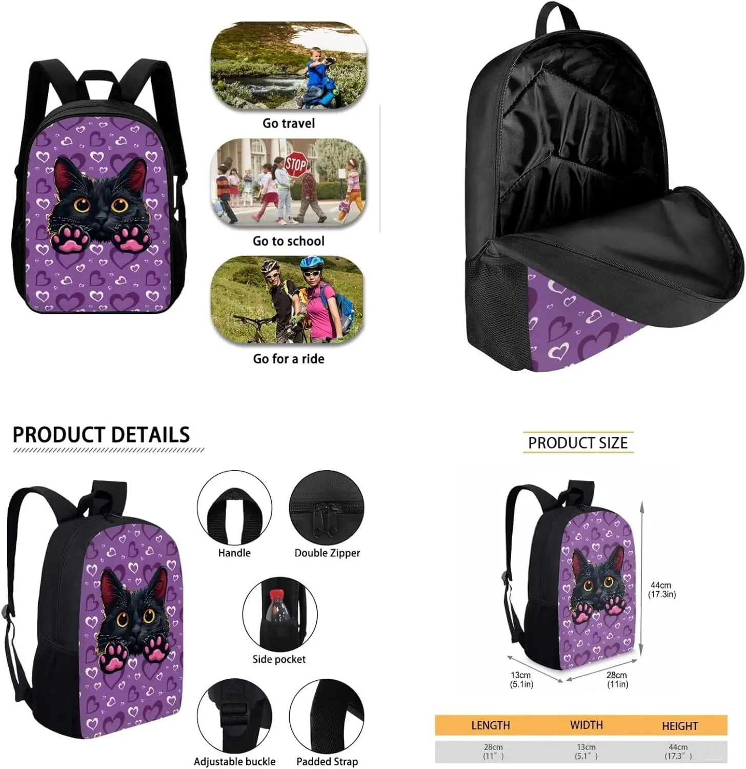 Black Cat 8-12 Girls Travel Backpack Bookbag and Lunch Box Set with Water Bottle Bag Daypack 4 pcs School Bag for Elementary Teens Designed To Be Lightweight and Comfortable