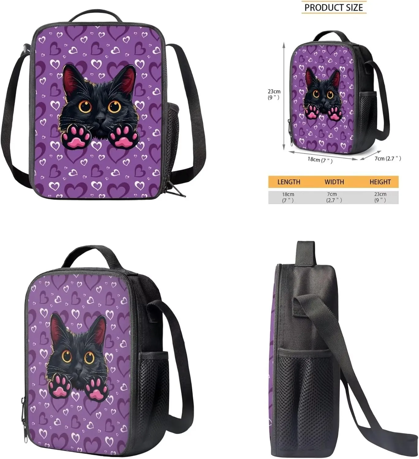 Black Cat 8-12 Girls Travel Backpack Bookbag and Lunch Box Set with Water Bottle Bag Daypack 4 pcs School Bag for Elementary Teens Designed To Be Lightweight and Comfortable