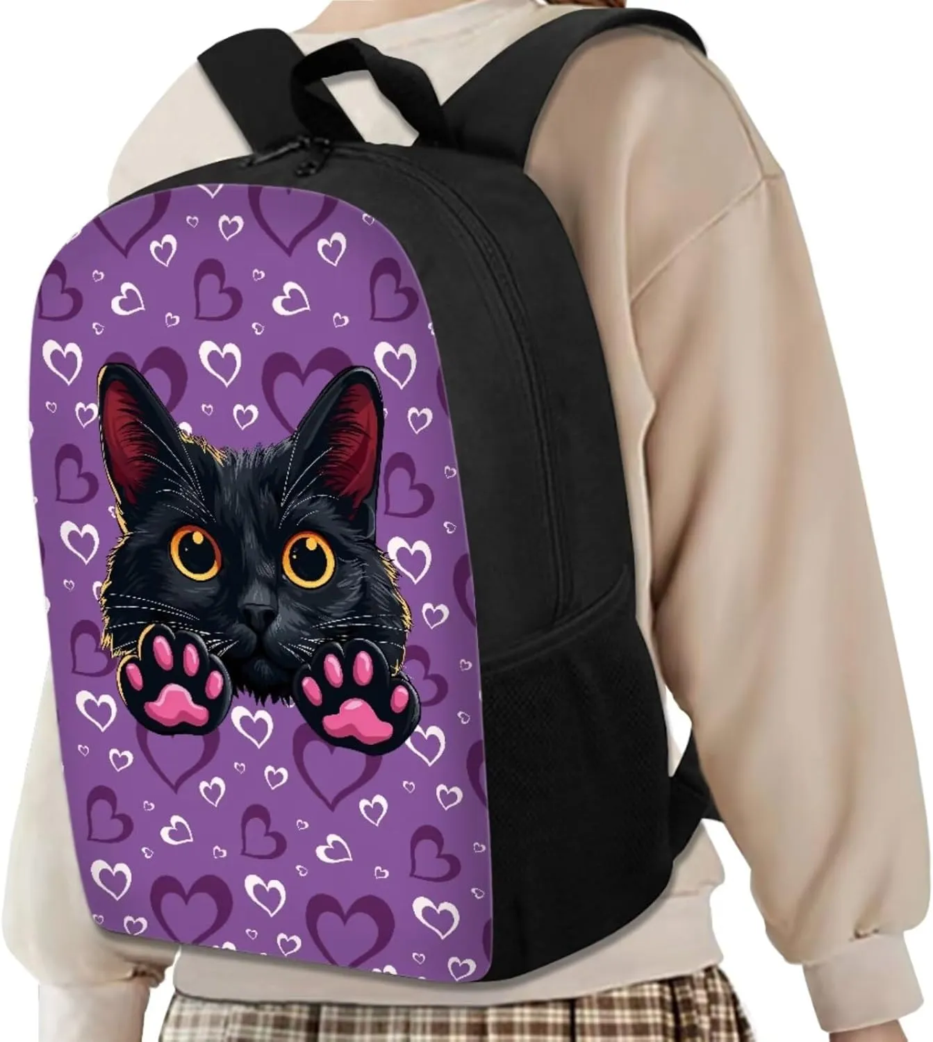 Black Cat 8-12 Girls Travel Backpack Bookbag and Lunch Box Set with Water Bottle Bag Daypack 4 pcs School Bag for Elementary Teens Designed To Be Lightweight and Comfortable