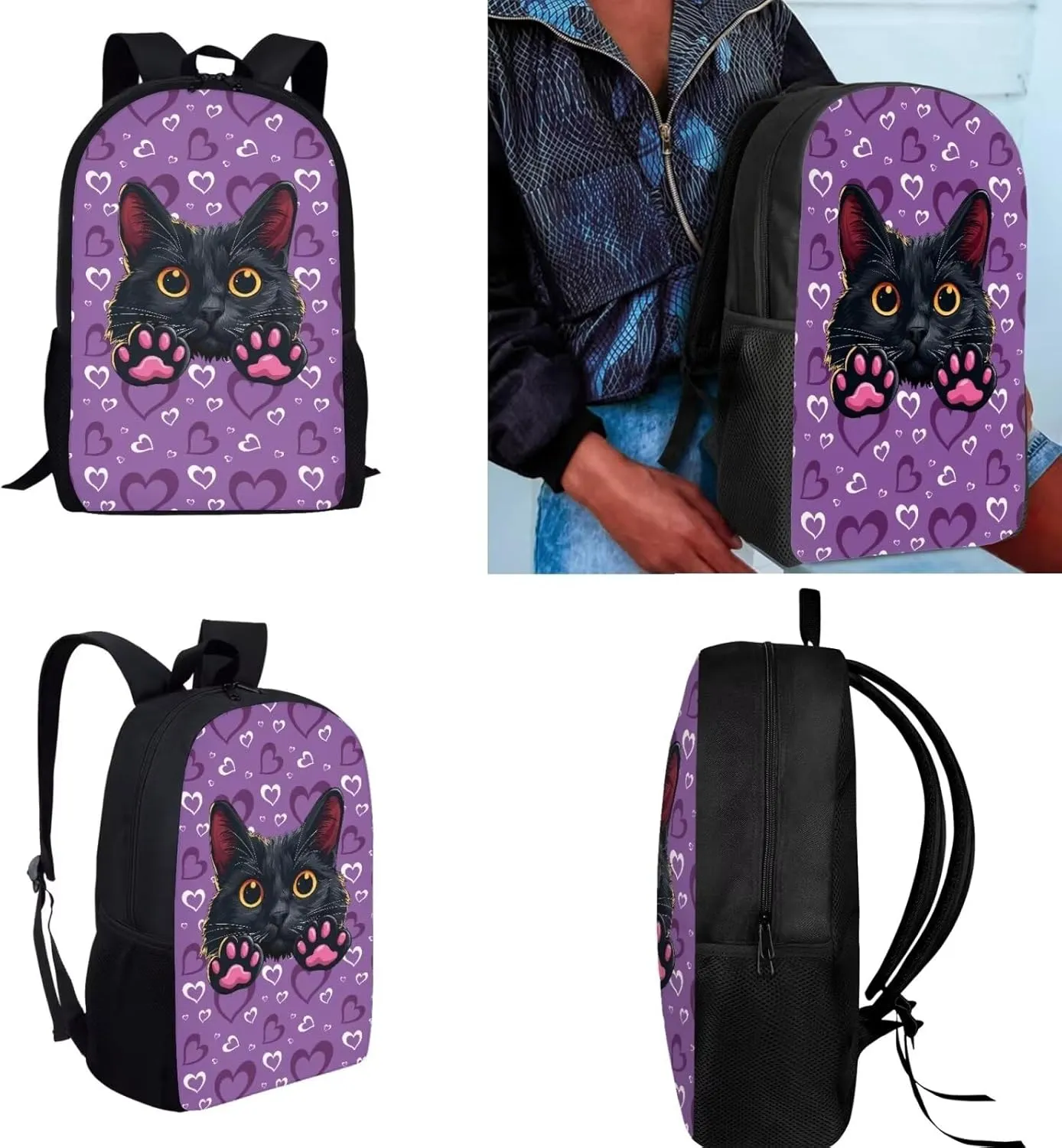 Black Cat 8-12 Girls Travel Backpack Bookbag and Lunch Box Set with Water Bottle Bag Daypack 4 pcs School Bag for Elementary Teens Designed To Be Lightweight and Comfortable