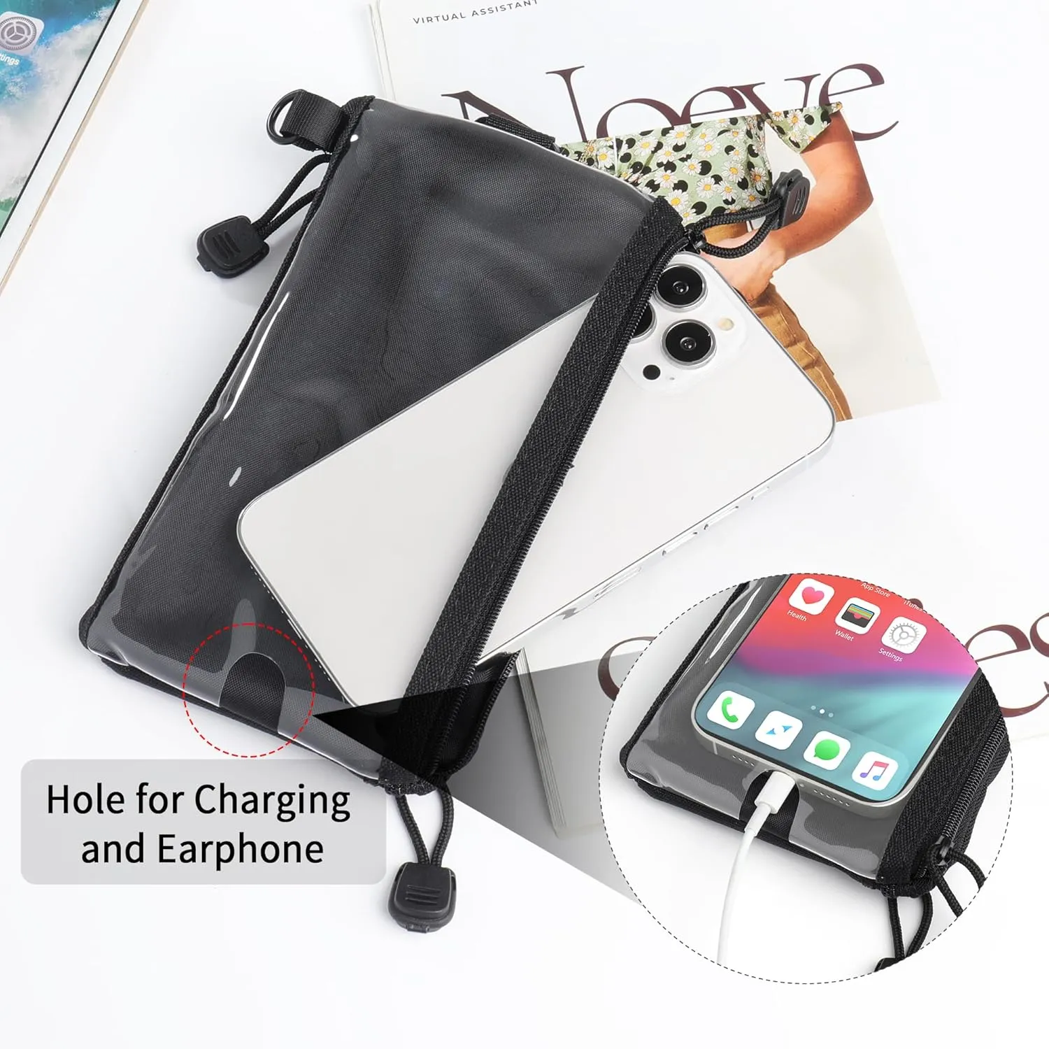 Black Small Crossbody Bags for Women, PU Leather with Clear Phone Purse for Operate & Charge Easily, Crossbody Purses for Women with Khaki Adjustable Strap, Shoulder Bag for Concert & Sports