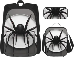Black Spider Print Versatile Adjustable Shoulder Fashion Backpack Lunch Bag Pencil Case Large Capacity