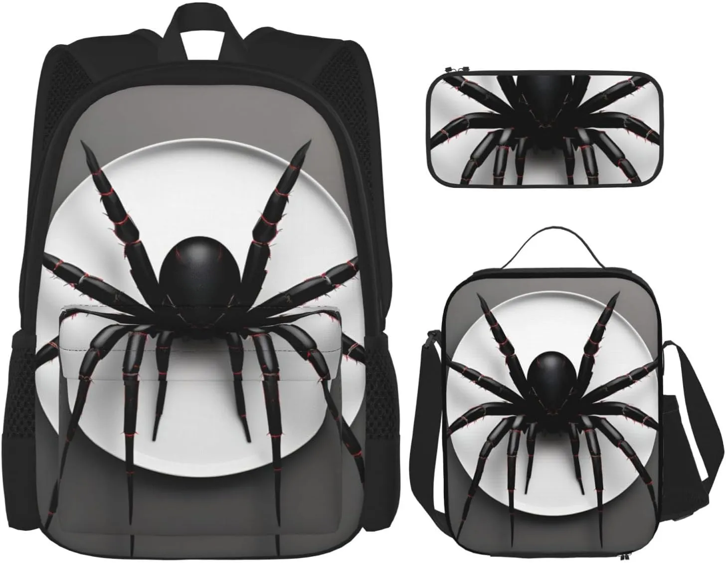 Black Spider Print Versatile Adjustable Shoulder Fashion Backpack Lunch Bag Pencil Case Large Capacity