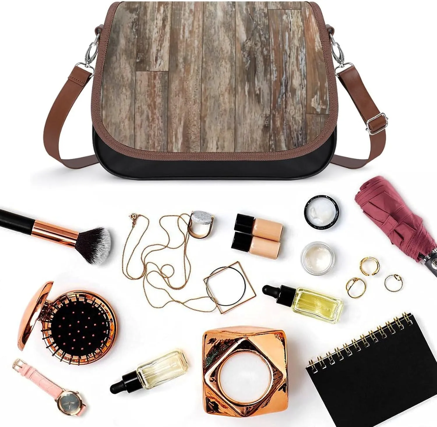 Black Watch Tartan Leather Decorative Crossbody Strap Backpack, Large Capacity Shoulder Bag