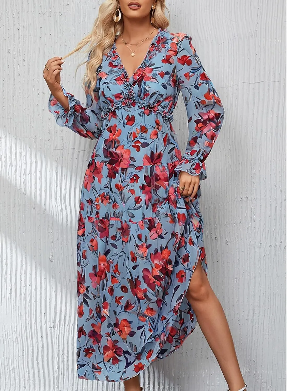 BLENCOT Womens Casual Boho Deep V Neck Short Sleeve Long Dress