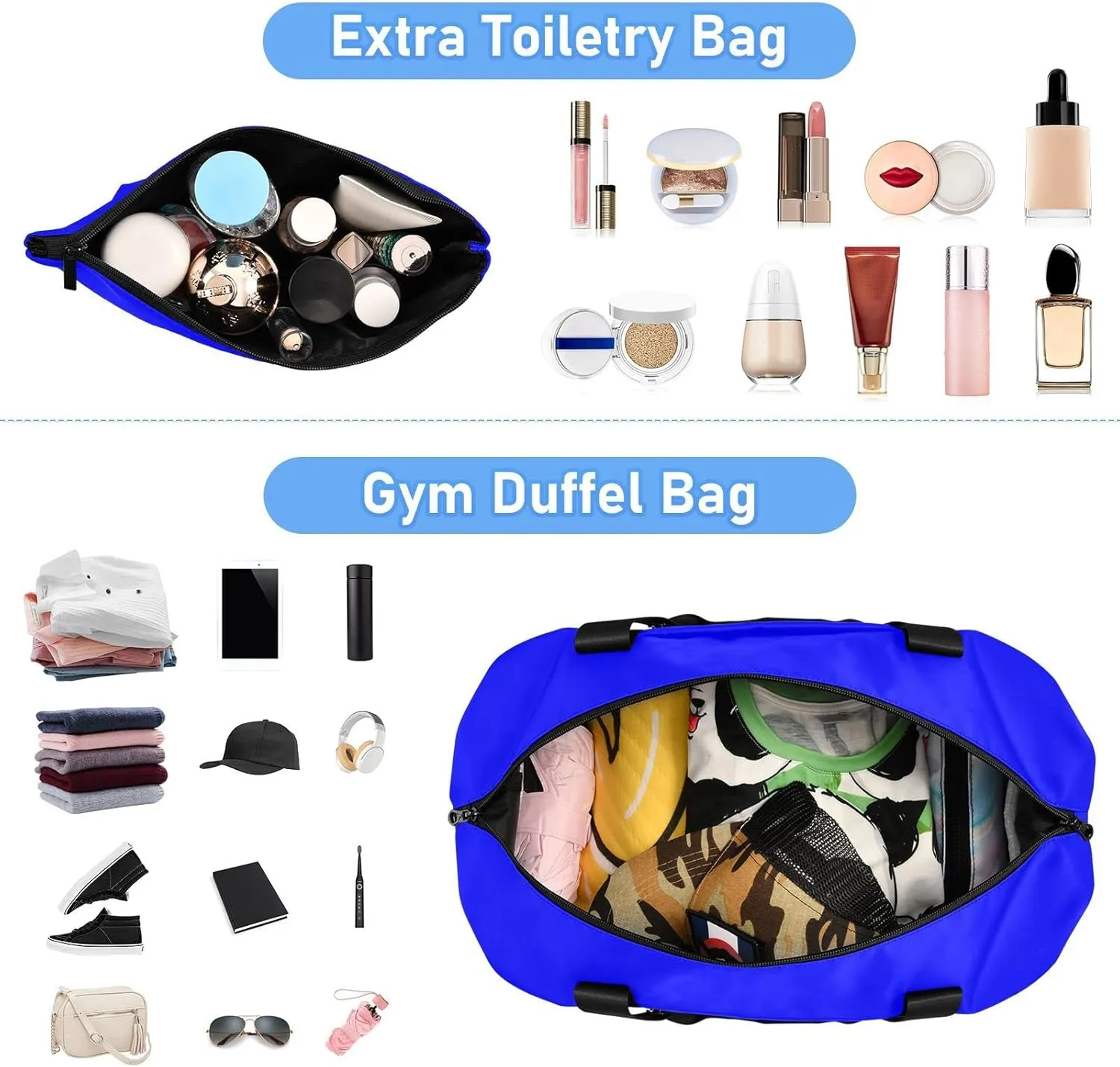 Blue Gym Bag for Women and Men Travel Duffel Sports Duffel Luggage Bags with Wet Pocket Waterproof 20804