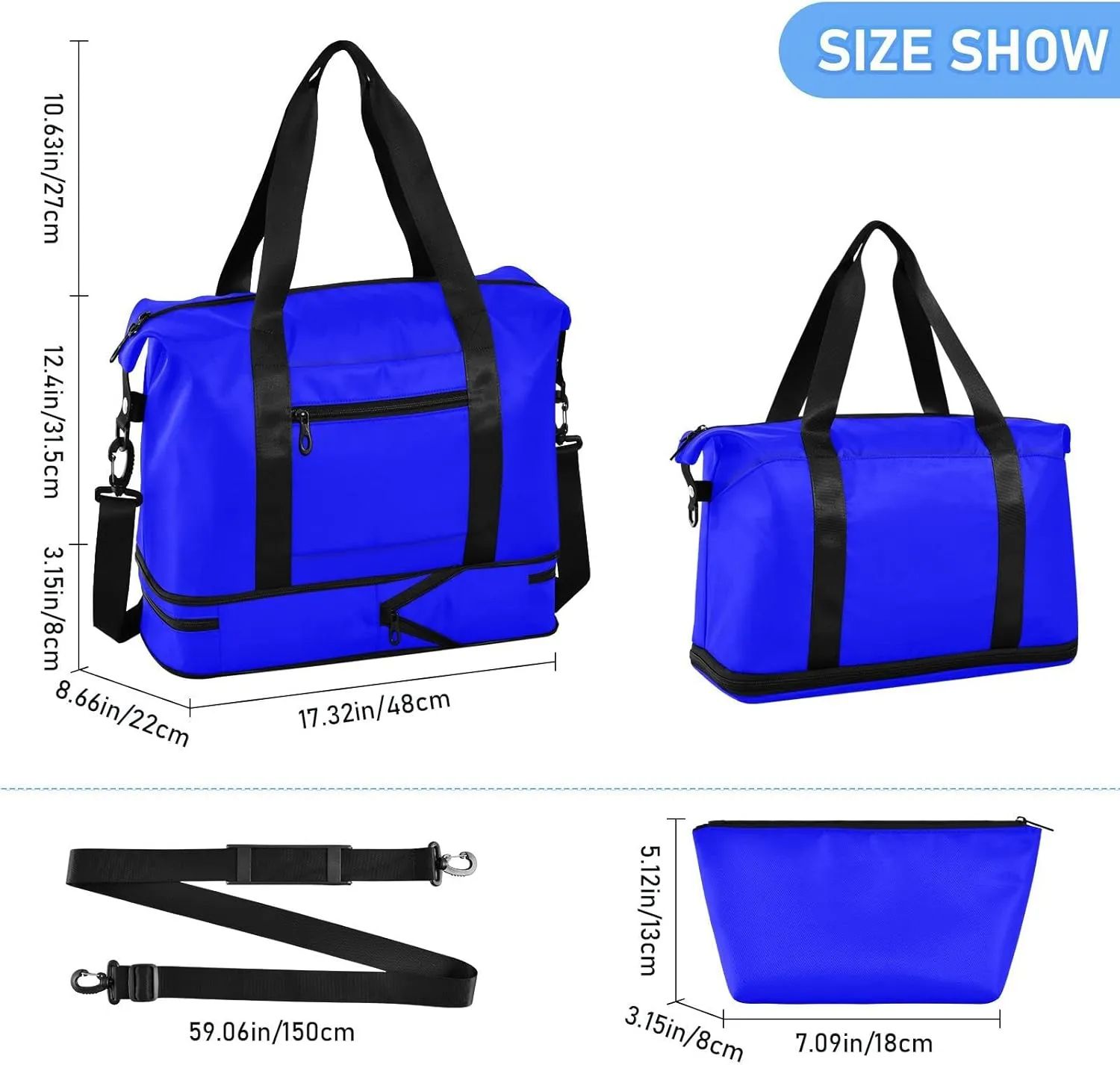 Blue Gym Bag for Women and Men Travel Duffel Sports Duffel Luggage Bags with Wet Pocket Waterproof 20804
