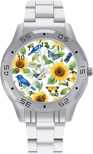 Blue Jay Birds Sunflowers Butterfly Simple Wrist Watches for Men Silver Casual Big Face Dress Watch Easy to Read