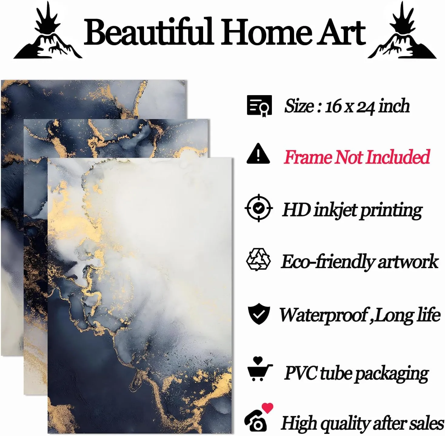 Blue White Gold Abstract Canvas Wall Art Picture Wall Decor Navy Blue Abstract Marble Canvas Art Poster Print Painting for Living Room 16x24inx3 No Frame