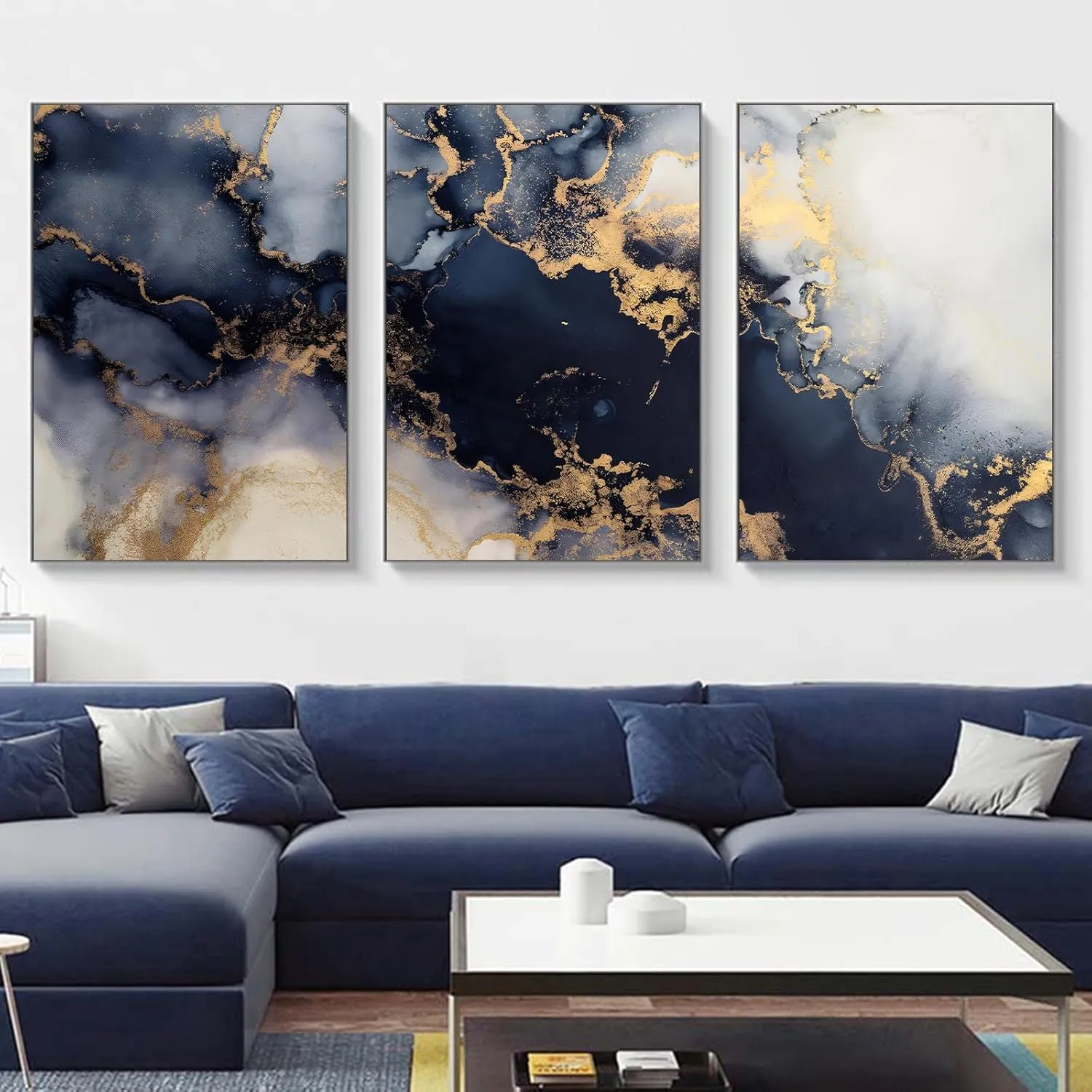 Blue White Gold Abstract Canvas Wall Art Picture Wall Decor Navy Blue Abstract Marble Canvas Art Poster Print Painting for Living Room 16x24inx3 No Frame