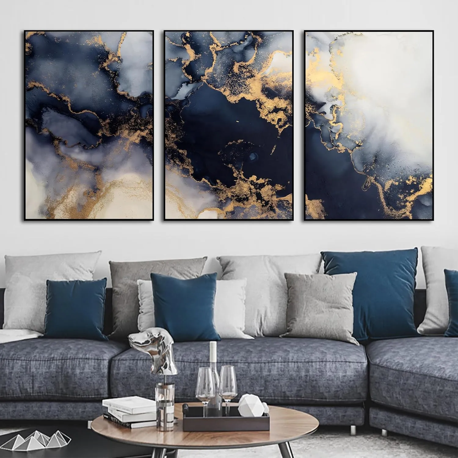 Blue White Gold Abstract Canvas Wall Art Picture Wall Decor Navy Blue Abstract Marble Canvas Art Poster Print Painting for Living Room 16x24inx3 No Frame