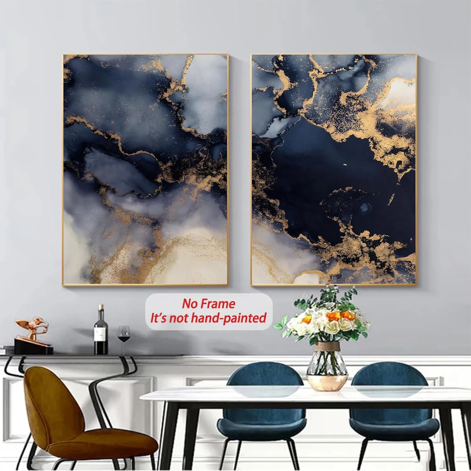 Blue White Gold Abstract Canvas Wall Art Picture Wall Decor Navy Blue Abstract Marble Canvas Art Poster Print Painting for Living Room 16x24inx3 No Frame