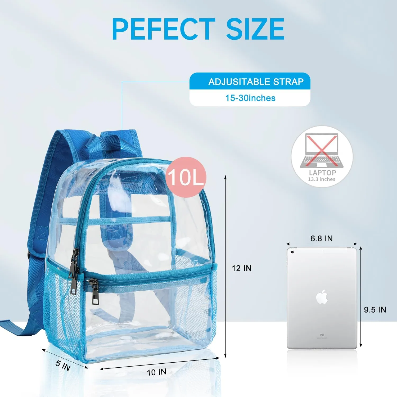 Bluome Clear Backpack for Stadium Events - 12x6x12, Wider Shoulder Straps, Small, Blue