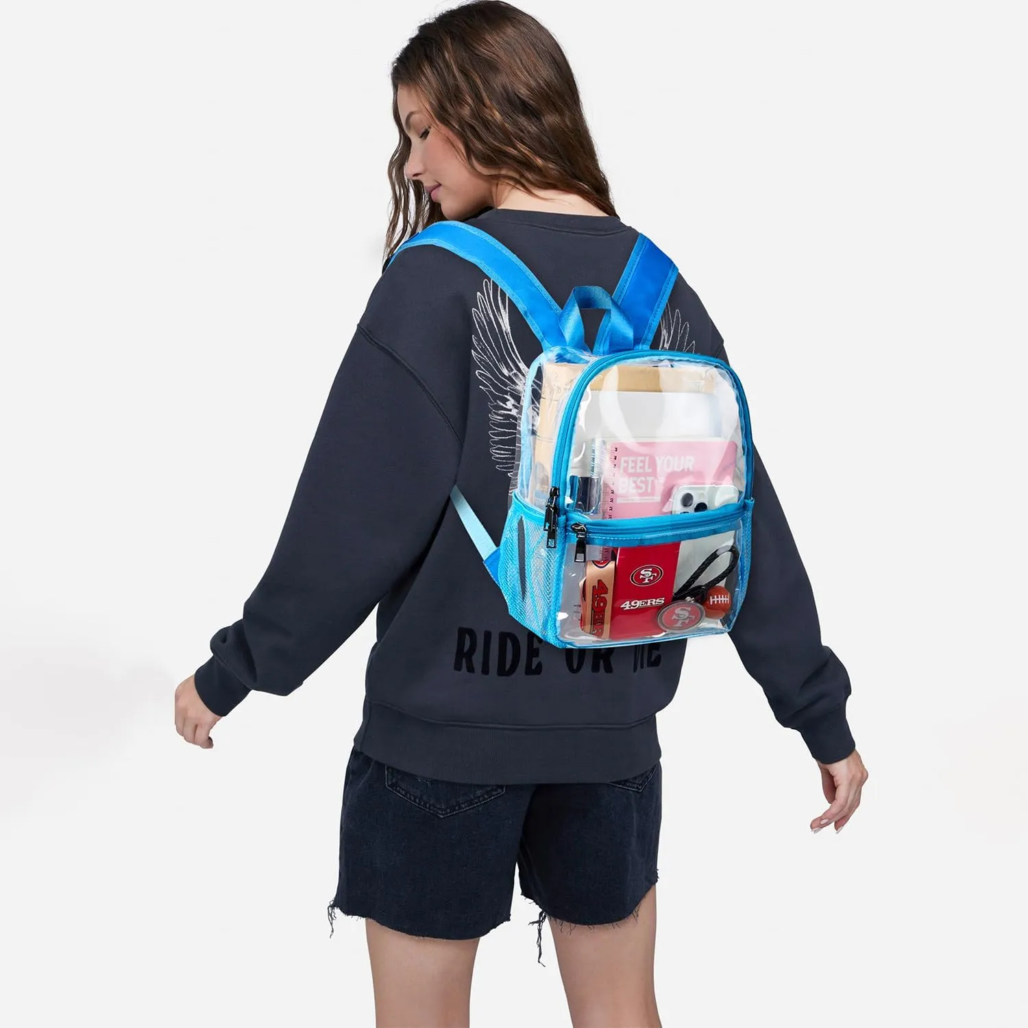 Bluome Clear Backpack for Stadium Events - 12x6x12, Wider Shoulder Straps, Small, Blue