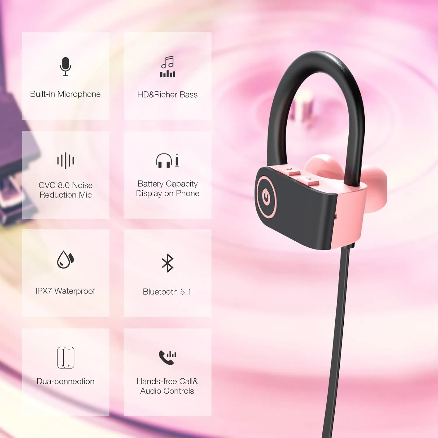 Boean Bluetooth Headphones - IPX7 Waterproof Running Sports Earphones for Women & Girls with 15 Hrs Playtime
