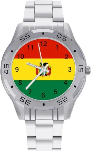 Bolivia Flag Simple Stainless Steel Band Business Watch Dress Wrist Unique Luxury Work Casual Waterproof Watches
