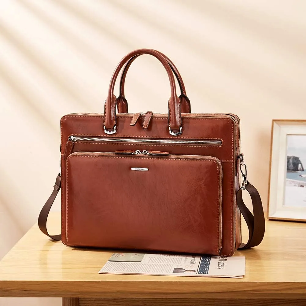 BOSTANTEN Briefcases for Men Leather Laptop Bag 15.6 inch Computer Messenger Shoulder Slim Bag Buisness Travel Work Case