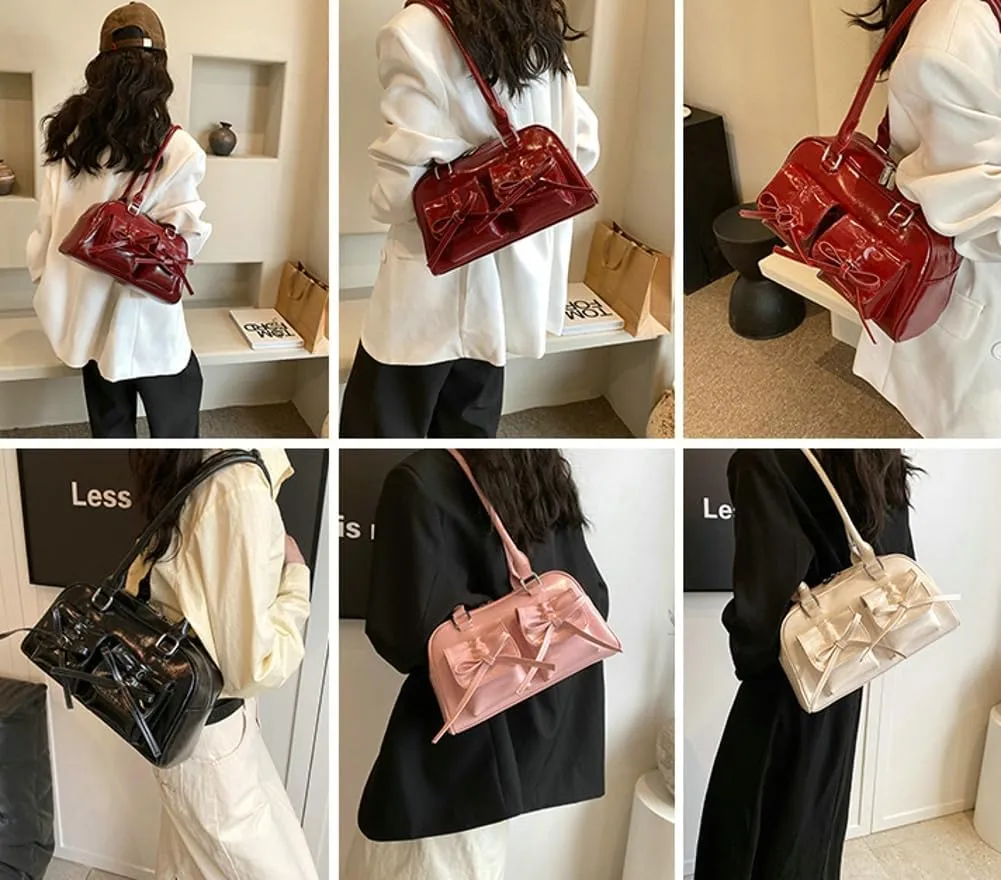Bow Purse Women PU Leather Shoulder Bag Coquette Tote Y2k Aesthetic Handbag Ita Bag Travel Designer Multi Pockets