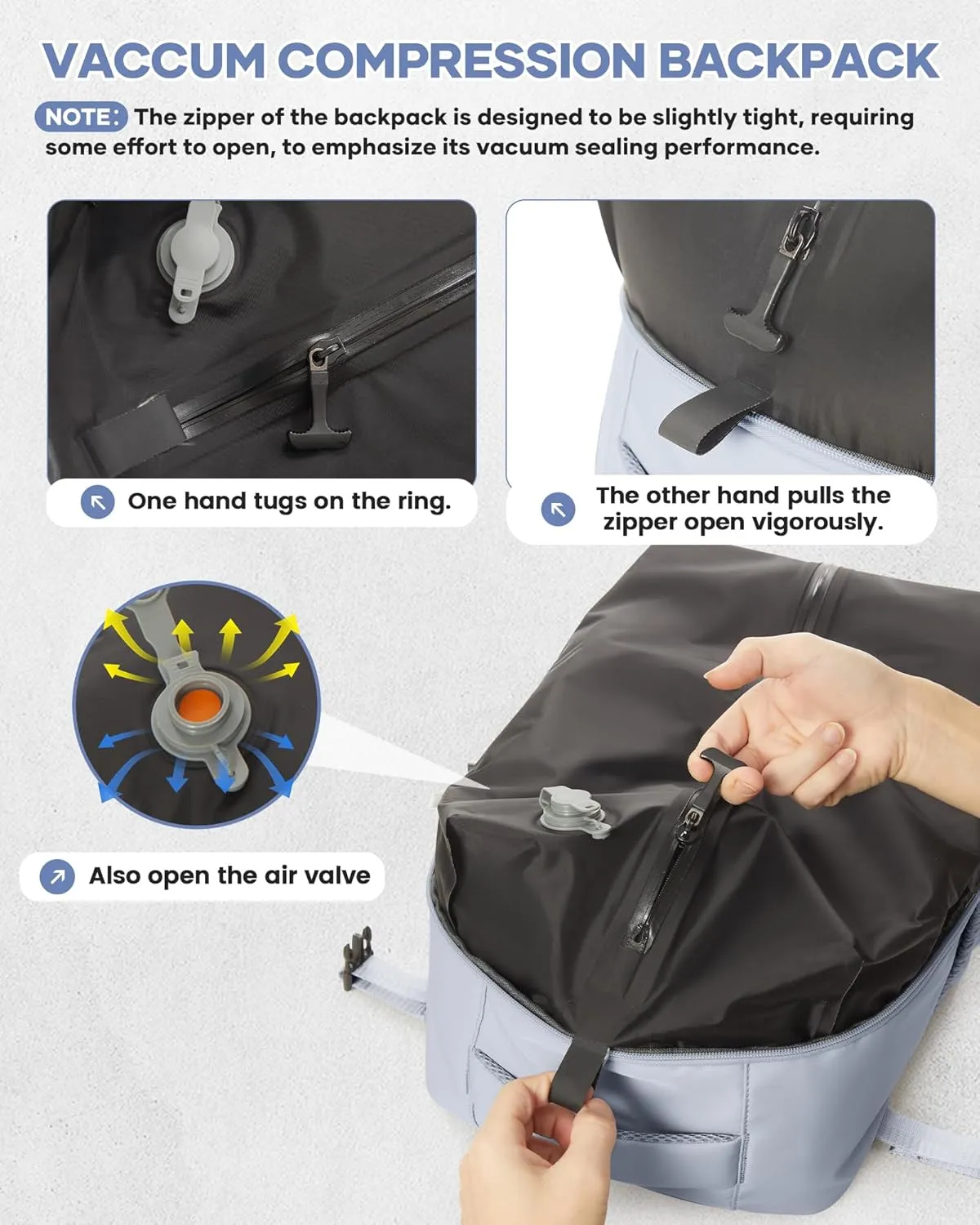 BOXSAM Large Vacuum Travel Backpack with Pump for Women,Airback Personal Item Carry on Backpacks Flight Approved 18x14x8 inches for Men,Laptop Waterproof Work Compression bags Casual Daypack,Grey