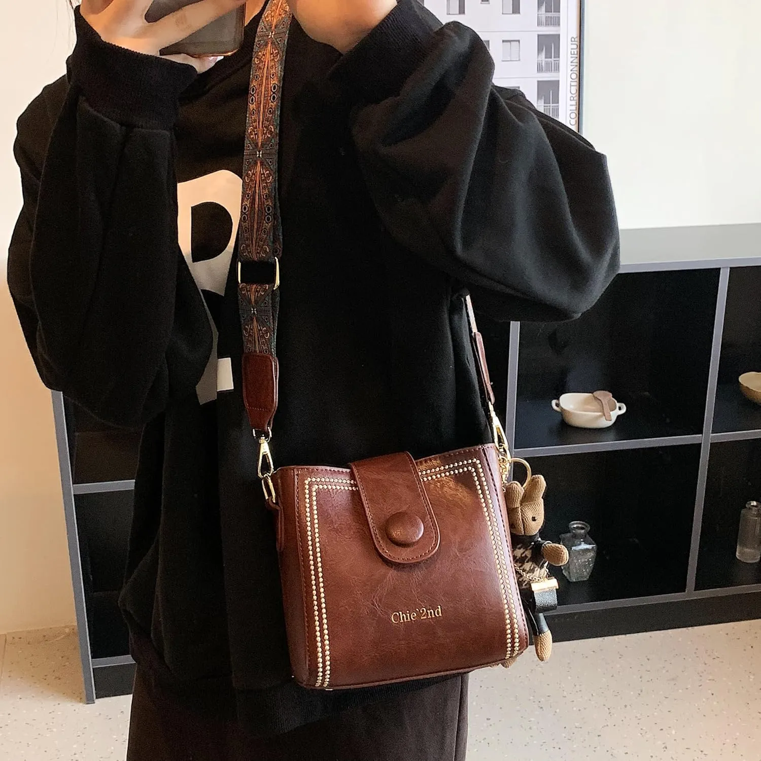 Bucket Bag For Women Vintage Crossbody Bag With Adjustable Wider Strap Small Shoulder Bags Pu Leather Fashion Retro