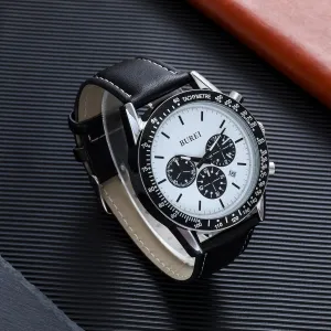 BUREI Men's Fashion Wacth Black Leather Wrist Watches for Men Multifunction Waterproof Watch Chronograph Analog Quartz Watch Business Casual Mens Watch with Date