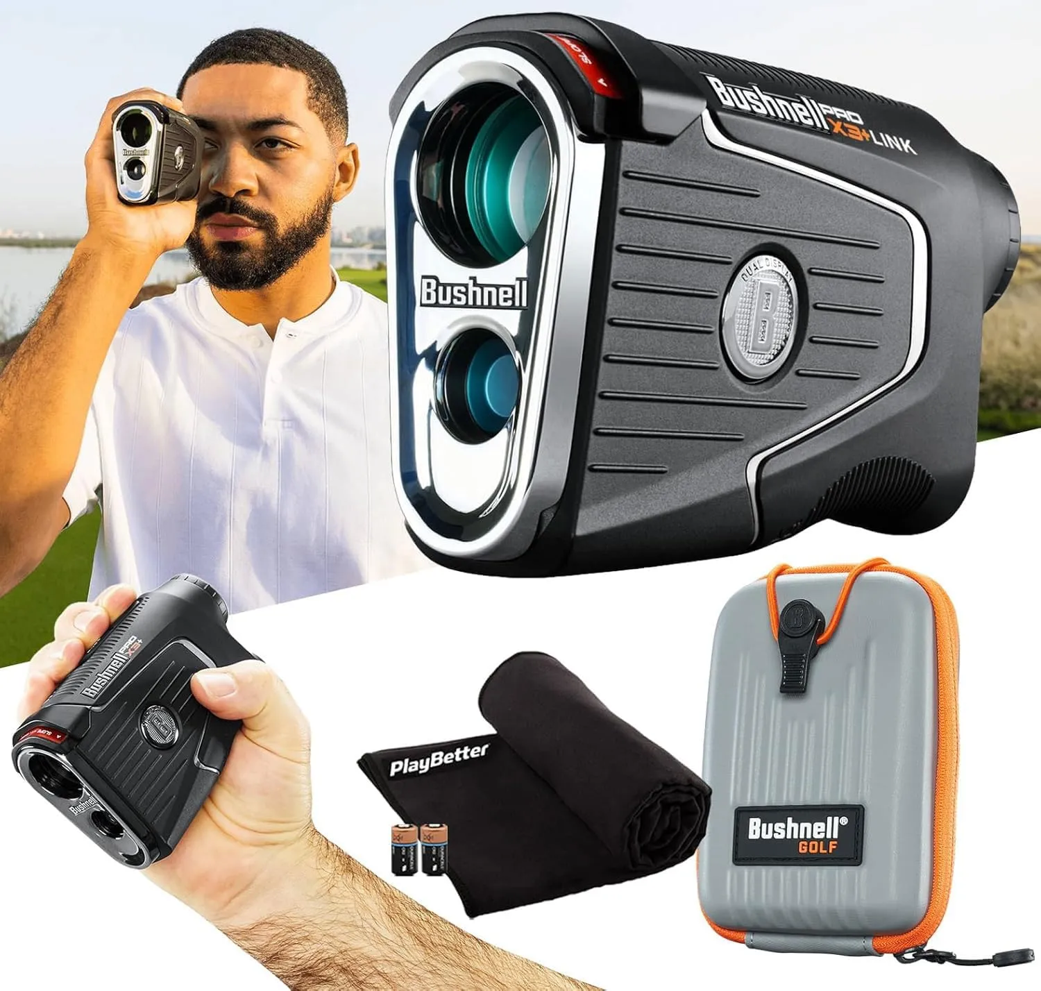 Bushnell Pro X3  Link Golf Laser Rangefinder Bundle - Wind Speed & Direction, Slope-Switch, BITE Magnetic Cart Mount with Premium Carrying Case, PlayBetter Microfiber Towel & Extra Battery